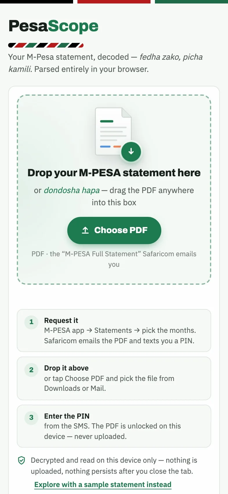 The real PesaScope dashboard (sample statement) — step 1