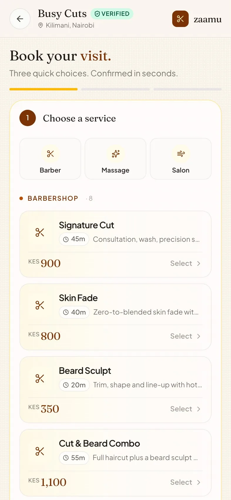 The real Zaamu booking flow — step 1