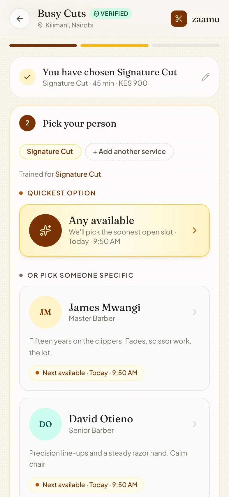 The real Zaamu booking flow — step 2