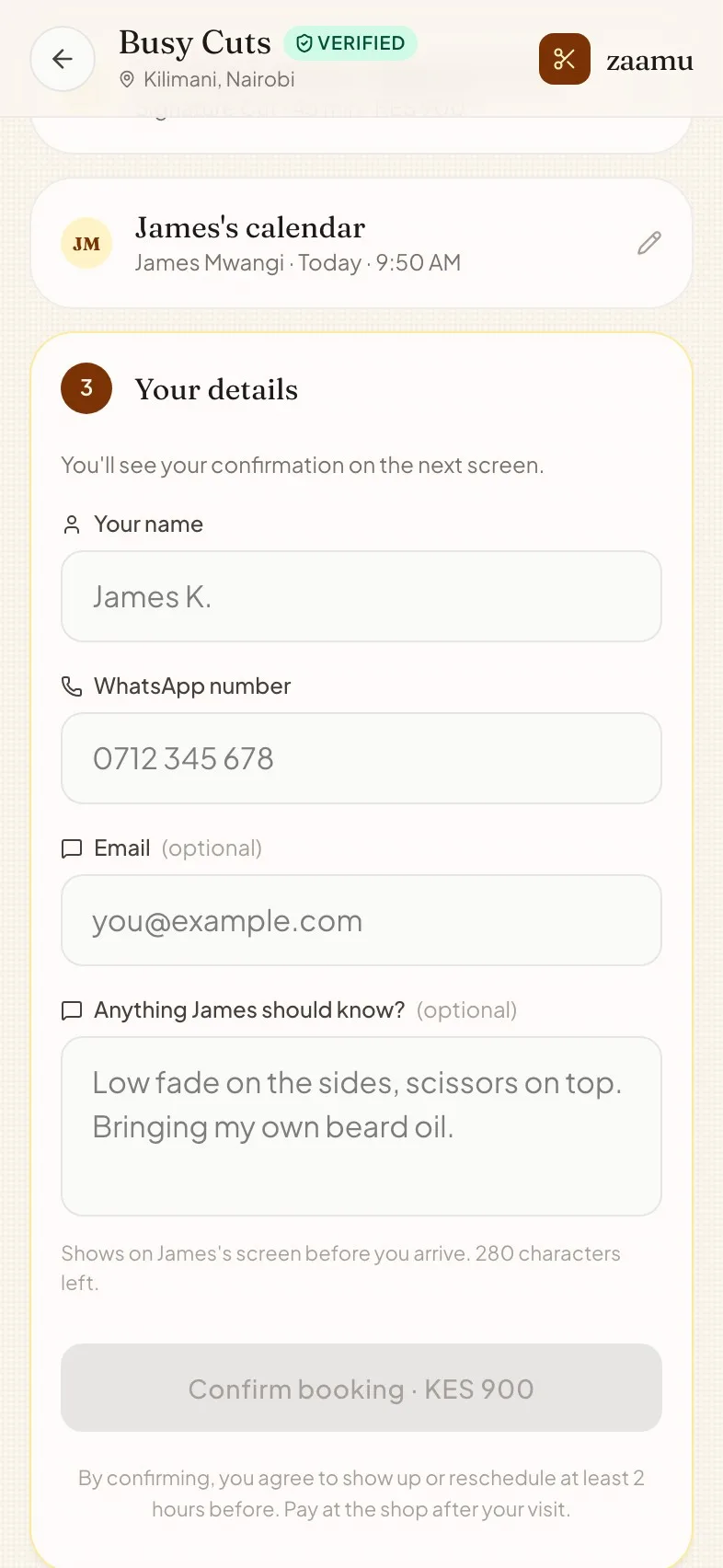 The real Zaamu booking flow — step 3